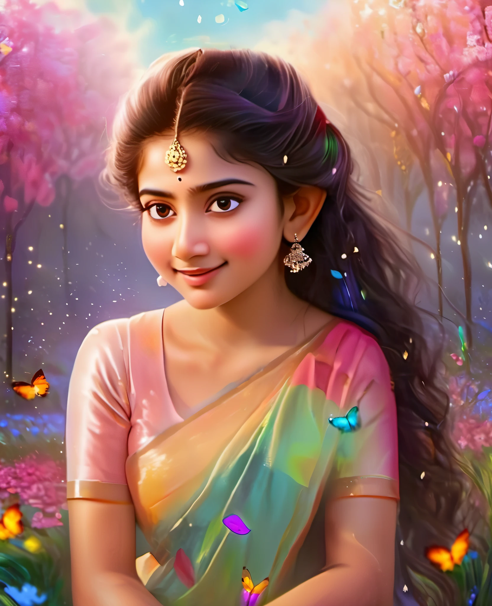 看起来像 Sai Pallavi, 1女孩, 独自的, 全身, (杰作:1.21), (最好的质量:1.2), 丰富多彩的, (插图:1.2), (电影灯光:1.1), (裸露肩膀:1.21), (锁骨:1.21)
在这个奇妙而梦幻的花园里, 场景被彩虹照亮 (丰富多彩的 fireflies), 在空中飞舞. 花园装饰着柔和的 (细雨), 营造出一种朦胧飘渺的氛围. 在场景的中心, 有一个单身女孩, 极其清秀美丽的姑娘, 有着可爱的面容和无辜的表情. 她的长发随风飘扬. 她穿着无肩带连衣裙, 超低胸, 凸显她精致的曲线.

灯光很精致很漂亮, 营造出柔和温暖的光芒，凸显水面, 让它像钻石一样闪耀. 最细小的草也被照亮, 打造一片郁郁葱葱的绿毯. The garden is surrounded by 丰富多彩的 flower fields, 各种颜色和形状的花朵. (色彩斑斓的蝴蝶), 各种颜色和尺寸, 可以看到在现场飘动, 增加了整体的奇妙和魔幻感. (看看人工智能观众),她的鼻子上泛起红晕, 嘴巴微张, 增加了整体的纯真和年轻的感觉. 飘落的花瓣在她周围飘舞, 增添了整体的浪漫和美感. 一阵微风吹过现场, 让树叶沙沙作响，花朵摇曳, 增加了整体的运动感和生命力. 这是一个充满奇迹和魔力的场景, 色彩绚丽, 观众可以沉浸在这个迷人而迷人的世界中.