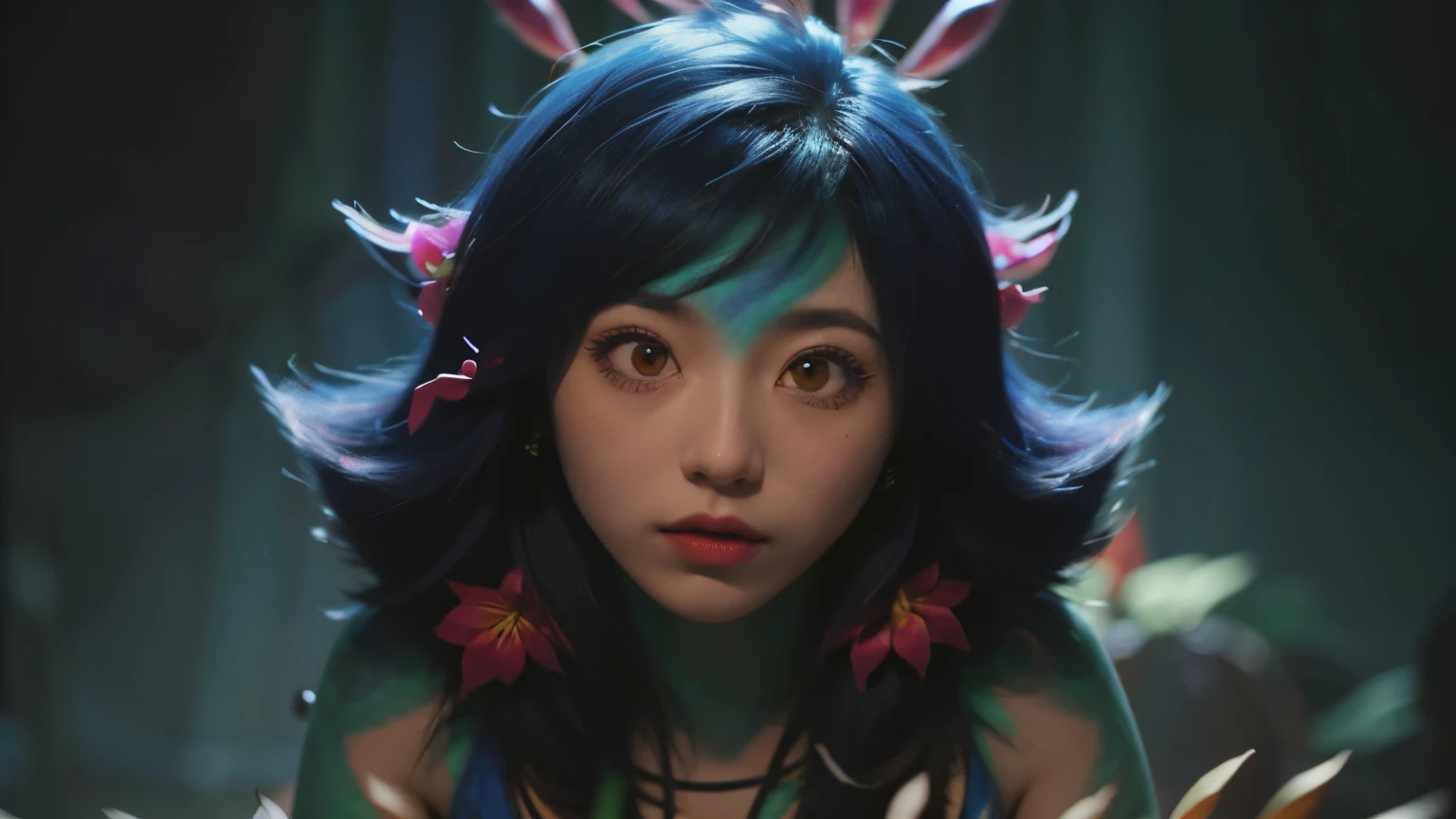 1girl, black background, face focus, close-up, beautiful, amazing hair, detailed hair, colorful, realistic, neeko, dramatic light, hyperrealism, extremely detailed