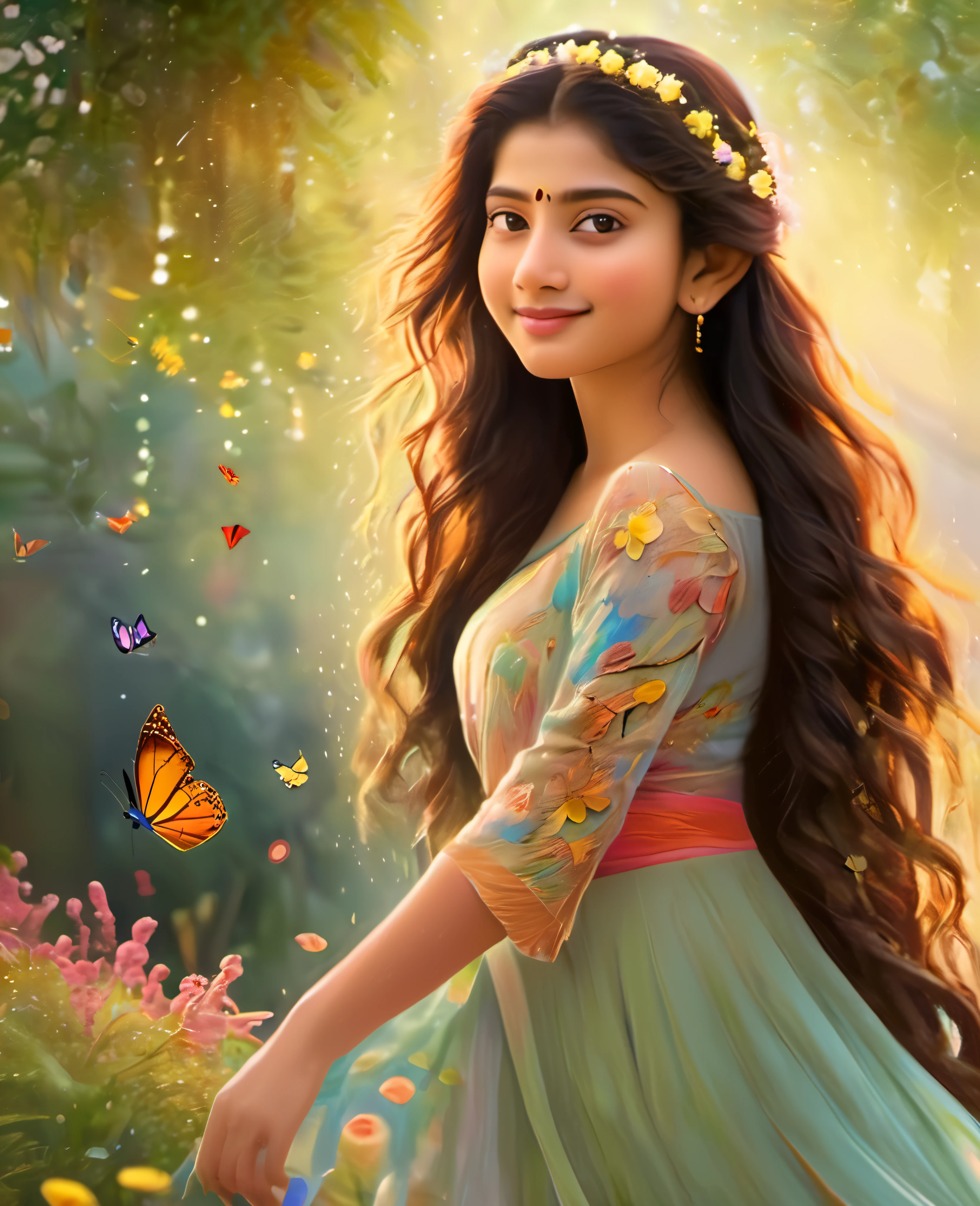 Looks like Sai Pallavi, 1girl, solo, full body, (masterpiece:1.21), (best quality:1.2), colorful, (illustration:1.2), (cinematic lighting:1.1), (bare shoulders:1.21), (collarbone:1.21)
In this whimsical and fantastical garden, the scene is illuminated by a rainbow of (colorful fireflies), dancing and fluttering in the air. The garden is decorated by a gentle (drizzle), creating a misty and ethereal atmosphere. In the center of the scene, there is a single girl, an extremely delicate and beautiful girl, with cute features and an innocent expression. Her long hair is flowing with the wind. She is wearing no shoulder straps dress, which is ultra low cut, highlighting her delicate curves.

The lighting is very delicate and beautiful, creating a soft and warm glow that highlights the water, making it sparkle like diamonds. The finest grass is also illuminated, creating a lush and verdant carpet. The garden is surrounded by colorful flower fields, with blooms of every color and shape. (Colorful butterflies), of every shade and size, can be seen fluttering around the scene, adding to the overall sense of wonder and magic. (look ai viewer),A blush can be seen on her nose, and her mouth is slightly open, adding to the overall sense of innocence and youthfulness. Falling petals can be seen floating around her, adding to the overall sense of romance and beauty. A gentle wind is blowing through the scene, making the leaves rustle and the flowers sway, adding to the overall sense of movement and life. This is a scene of pure wonder and magic, filled with color and beauty, where the viewer can lose themselves in the enchanting and captivating world.