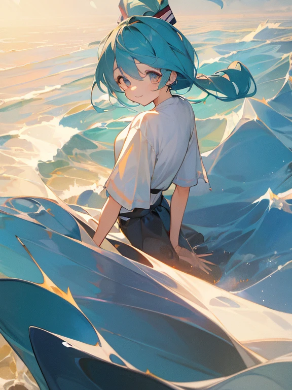 ((Masterpiece)),(Best Quality),Official Art,Extremely detailed CG,unity wallpaper 8k,ultra detailed,A lighthouse on a cliff by the sea.,1 girl,Alone,cowboy shot,Hatsune Miku,looking at the viewer,sleeveless shirt,White shirt,Stripe,SMILE,black thighs,hair between the eyes,two tails,very long hair,aquamarine eyes,aquamarine hair,separate sleeves,mini skirt,aquamarine tie,thigh high boots,