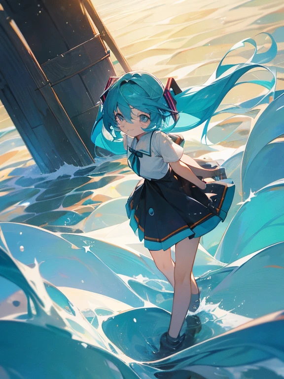 ((Masterpiece)),(Best Quality),Official Art,Extremely detailed CG,unity wallpaper 8k,ultra detailed,A lighthouse on a cliff by the sea.,1 girl,Alone,cowboy shot,Hatsune Miku,looking at the viewer,sleeveless shirt,White shirt,Stripe,SMILE,black thighs,hair between the eyes,two tails,very long hair,aquamarine eyes,aquamarine hair,separate sleeves,mini skirt,aquamarine tie,thigh high boots,