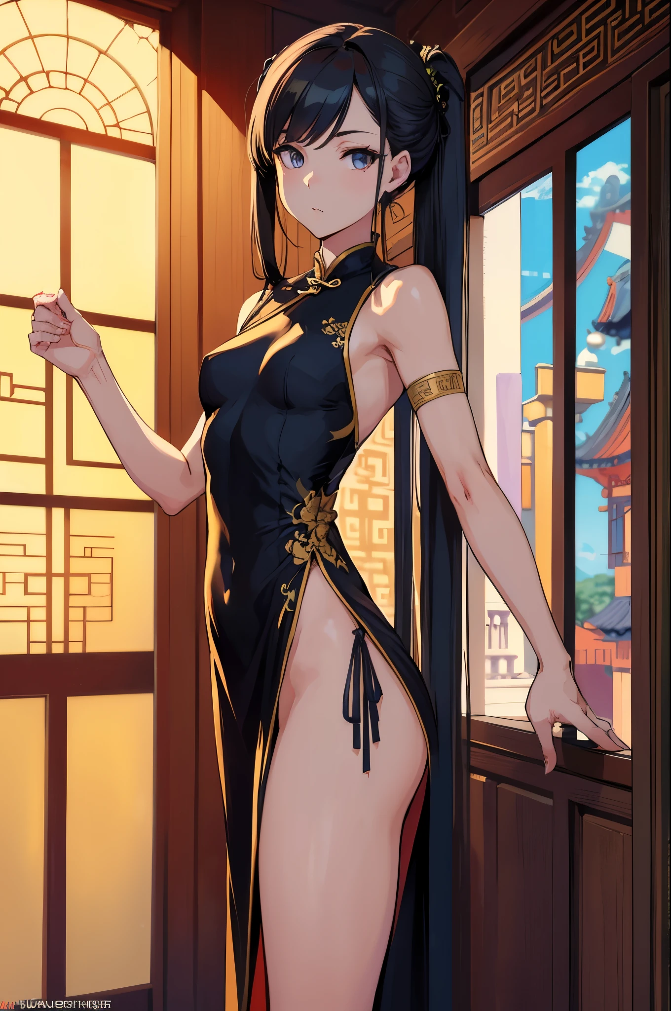 a sexy woman, (best quality), (masterpiece), (1girl), slim, anime, (flat chested), (chinese dress), (standing), (protrait)
