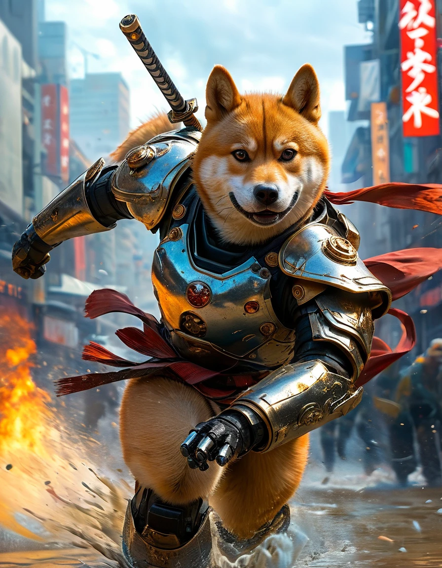 (full body shot:1.5),futuristic Platinum anthropomorphic shiba inu robotic, shiba inu as japanaese futristic robotic samurai, katana sword, dirty and painted armor, destroyed city, stormy weather, apocaliptic world, Super realistic, well detailed,photorealism, cinematic explosion style