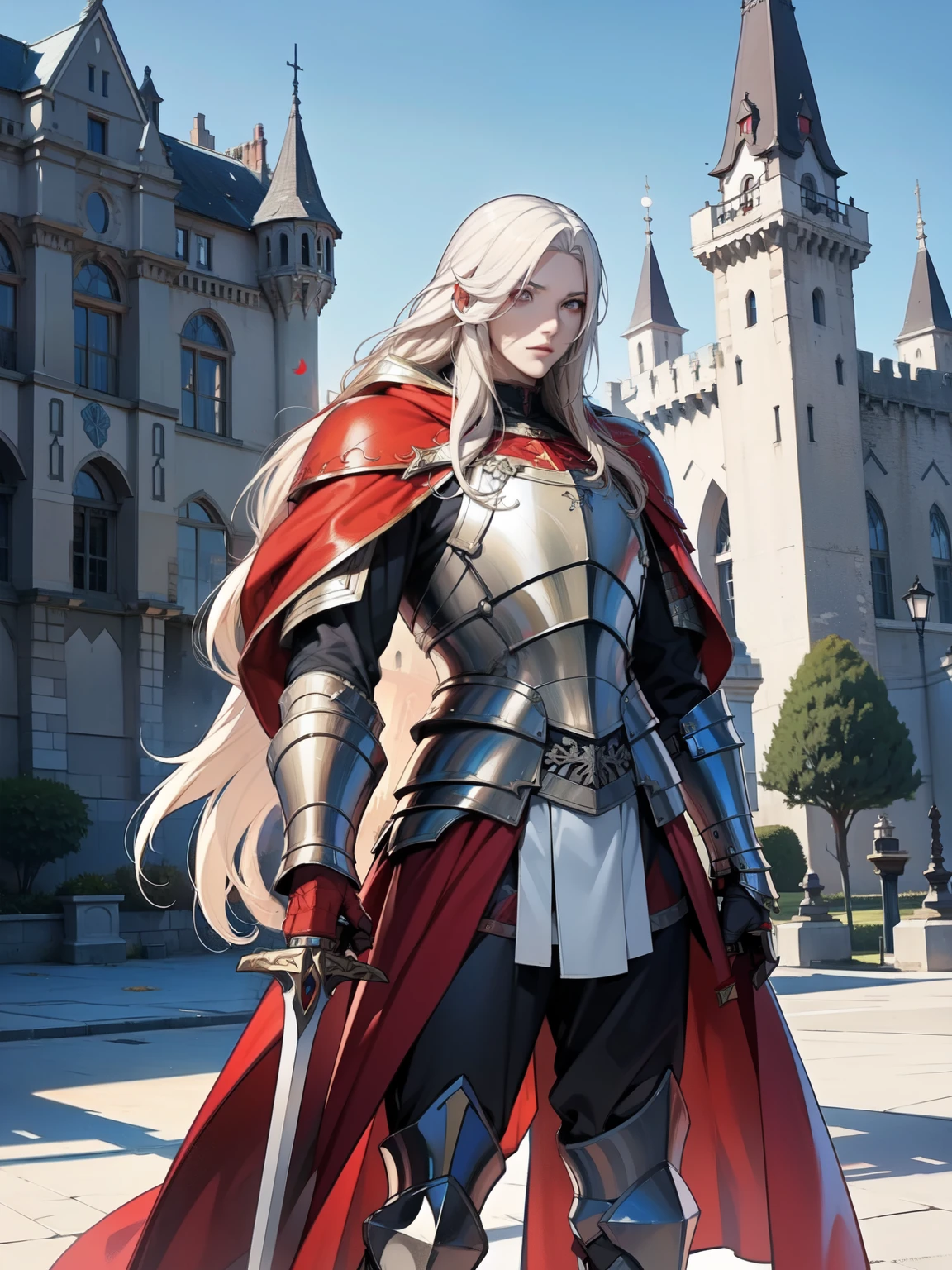 長髪のアルビノ男性騎士1名, 赤いフードをかぶっている、重い鎧を着て長い剣を持っている、古い城を背景に