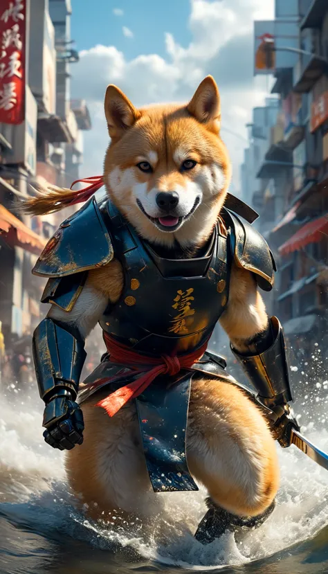 (full body shot:1.5),futuristic platinum anthropomorphic shiba inu robotic, shiba inu as japanaese futristic robotic samurai, ka...