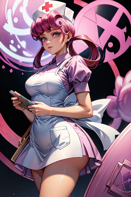 A pink haired woman reaper with violet eyes and an hourglass figure in a nurse's uniform is holding a clipboard
