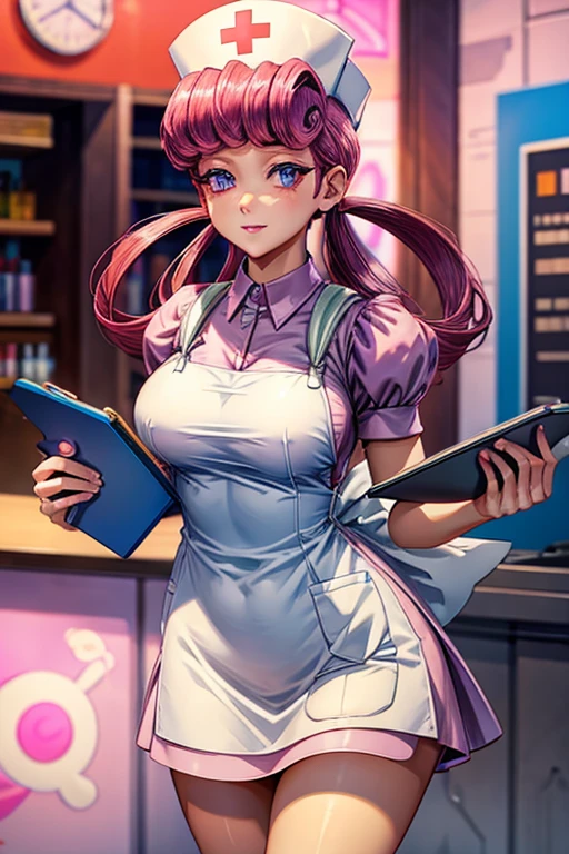 A pink haired woman with violet eyes and an hourglass figure in a nurse's uniform is  holding a clipboard