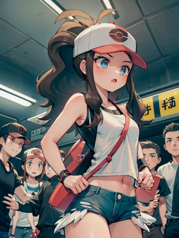 alta calidad, Obra-prima, melhor qualidade, Hilda \(Pokémon\), def1, formato corporal, olhos bonitos, olhos detalhados, coxas grossas, Uma menina sendo tocada por vários homens sem seu consentimento dentro de um vagão do metrô.,ilustração,atmosfera dura e perturbadora,[Sombras escuras,vagão de metrô escuro e lotado,pânico,luta],(melhor qualidade,alta resolução),cores vivas,tons quentes,Iluminação fraca NSFW

