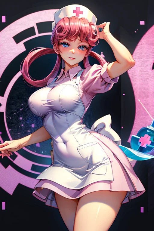 A pink haired woman with violet eyes and an hourglass figure in a nurse's uniform is blushing with a needle in her hand