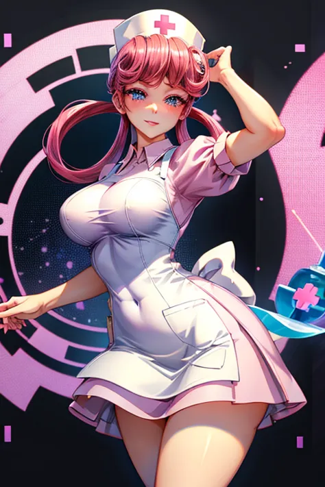 a pink haired woman with violet eyes and an hourglass figure in a nurse's uniform is blushing with a needle in her hand