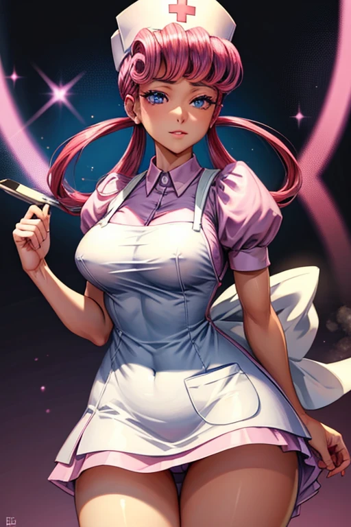 A pink haired woman with violet eyes and an hourglass figure in a nurse's uniform is  making a bed