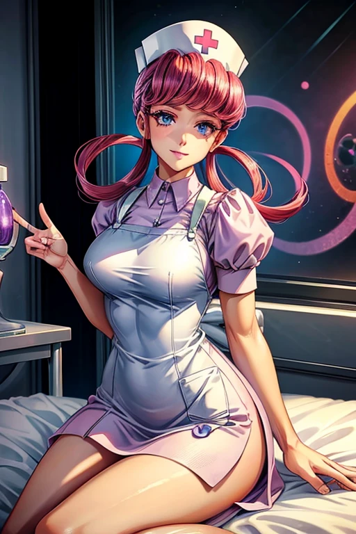 A pink haired woman with violet eyes and an hourglass figure in a nurse's uniform is posing on a hospital bed