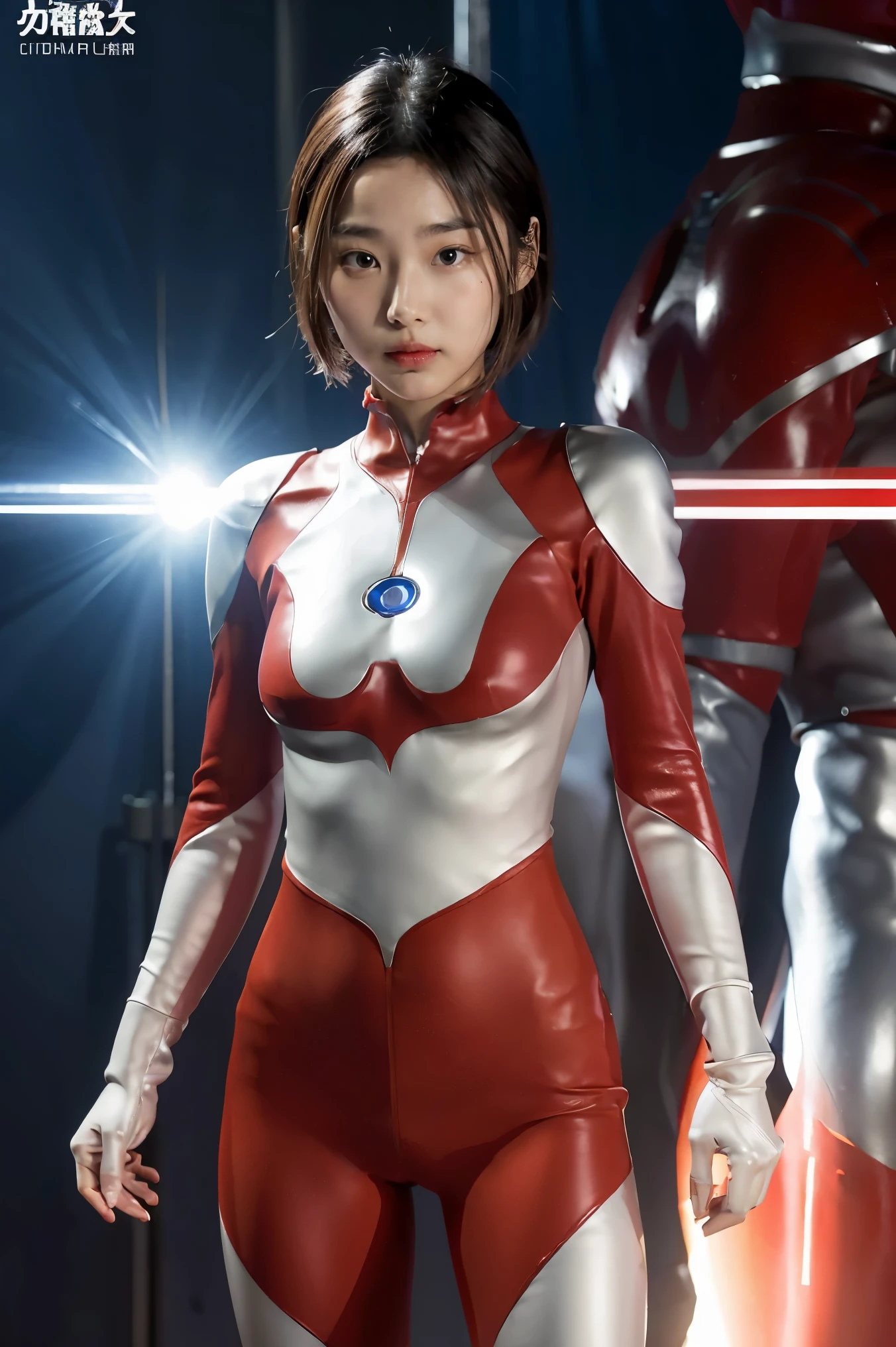 ultraman、Realista、Realista、iluminación cinematográfica, Chica con un traje rojo y plateado brillante、15 años、fotos profesionales、Don&#39;No expongas tu piel, modelo japonés, cgi japonés、ultraman Suit、, Traje de Power Rangers、traje cibernético ajustado y delgado,todo el cuerpo gomoso、Allá&#39;s pink Allá、 cuerpo delicado, pechos grandes、culo pequeño、muslos delgados、brazos delgados、cintura delgada、dedo de camello、Ambos lados del traje cibernético se pegan a la piel.、ojos grandes、pelo corto negro、mirando al frente、mirando al frente立っている、Una esfera brillante está incrustada en el cofre..、Examen de ensayo、 Fondo de cielo azul