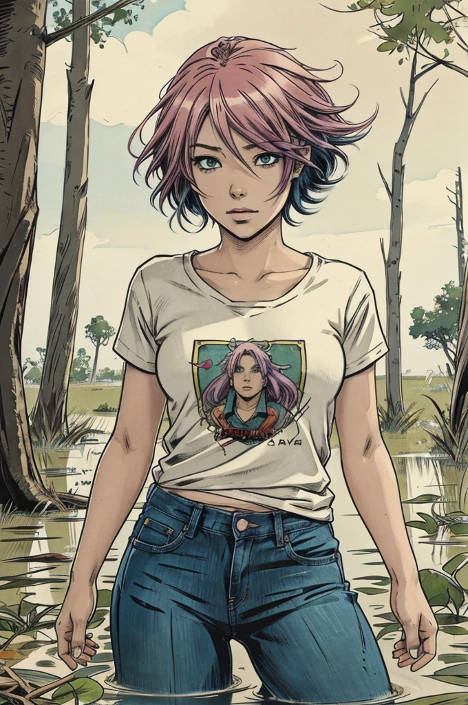 An anime woman with colored hair and t-shirt and jeans drowning in swamp, masturbation