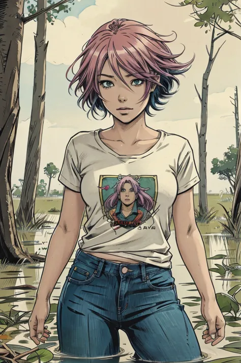 an anime woman with colored hair and t-shirt and jeans drowning in swamp, masturbation