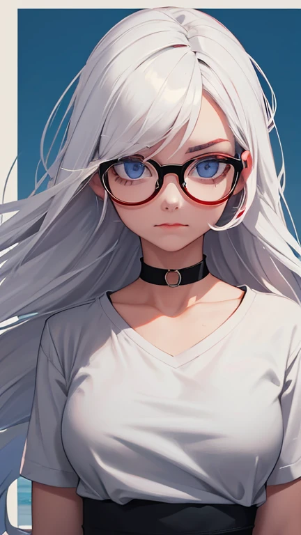 1girl, solo, glasses, long_hair, red_lips, white_hair, round_eyewear, black_shirt, closed_mouth, upper_body, looking_at_viewer, choker, grey_eyes, shirt, black-framed_eyewear, lips, letterboxed, blue_eyes