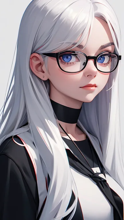 1girl, solo, glasses, long_hair, red_lips, white_hair, round_eyewear, black_shirt, closed_mouth, upper_body, looking_at_viewer, ...