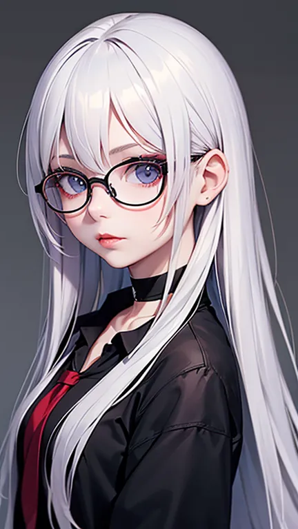 1girl, solo, glasses, long_hair, red_lips, white_hair, round_eyewear, black_shirt, closed_mouth, upper_body, looking_at_viewer, ...