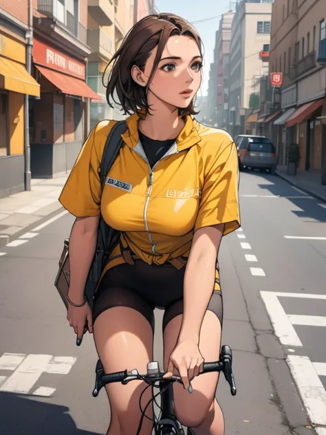 female courier, touring, on the way to deliver a parcel, on the streets of the city, attention to detail, 4k, masterpiece.