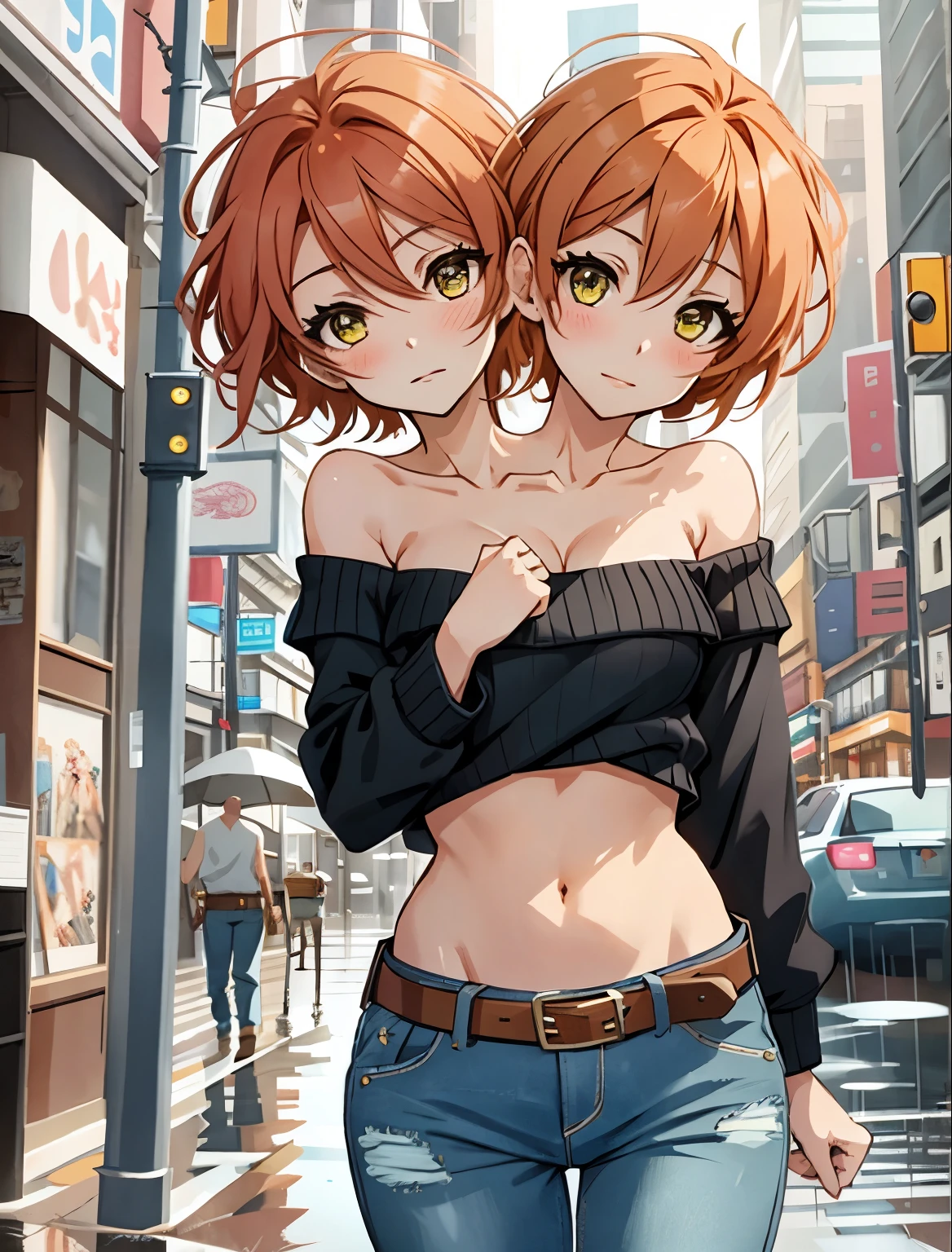 Hoshizora rin, Best Quality,(beauty), 1girl,phisically-based render ,ultra highres,(cowboy shot:1.5),narrow waist, skinny, big eyes,long legs,torn jeans,leather belt,small breasts,puffy eyes, leather belt,(rainy city), shiny skin, facing viewer, Victory posture,(midriff:0.7), sweating, flying sweat drops,off shoulder, conjoined_dicephalus, (two heads:1.3)