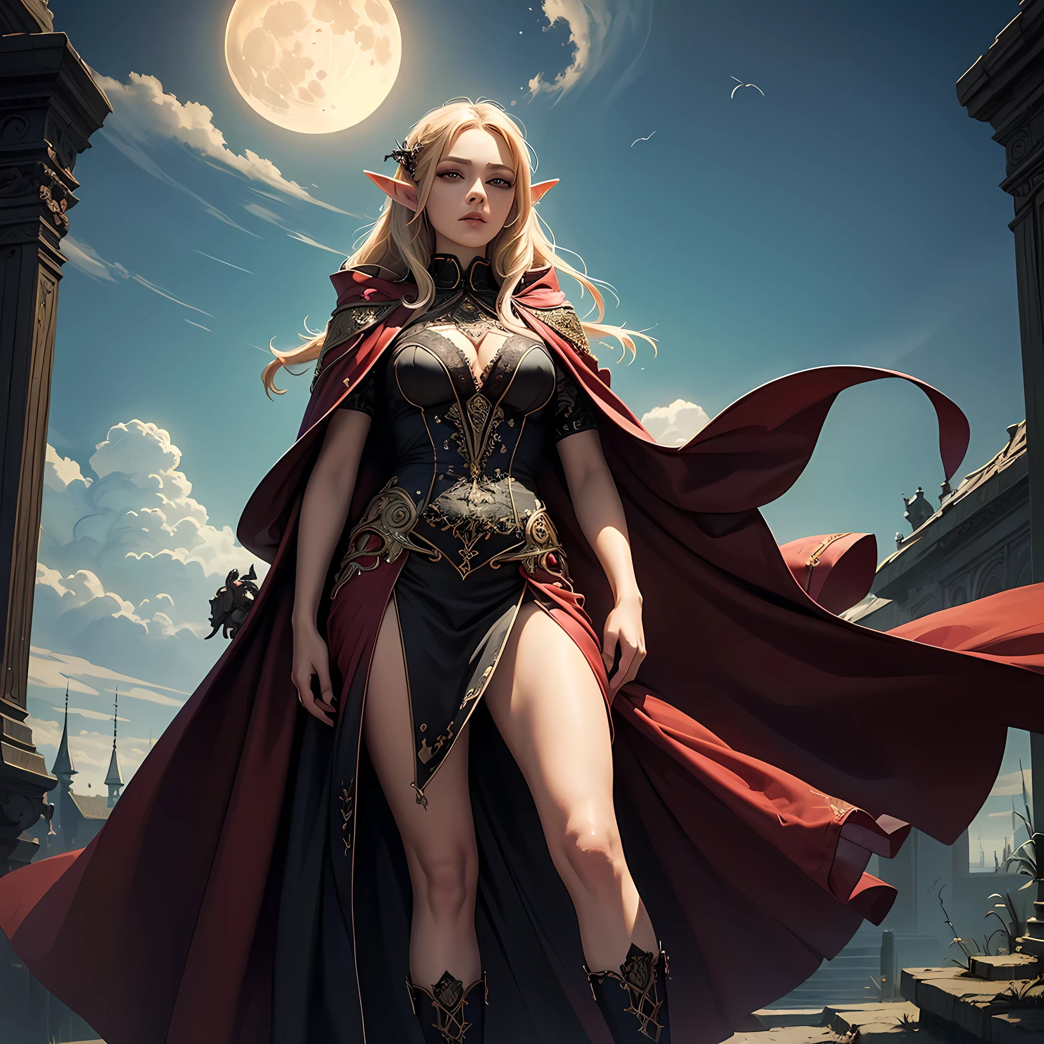 fantasy art, gothic art, (masterpiece:1.5), full body best details, highly detailed, best quality, Glowing Red, highres, full body portrait of a vampire, elf (Masterpiece, best quality: 1.6), ultra feminine, wizard, (intricate details, Masterpiece, best quality: 1.5) with a long curvy hair, light color hair, (red1.3) eyes, (fantasy art, Masterpiece, best quality), ((beautiful delicate face)), Ultra Detailed Face (intricate details, fantasy art, Masterpiece, best quality: 1.5), [[vampiric fangs 1.5]] (red cloak: 1.3) , flowing cloak (intricate details, fantasy art, Masterpiece, best quality: 1.3), wearing an intricate (black: 1.2) dress (intricate details, fantasy art, Masterpiece, best quality: 1.5), high heeled boots, urban background (intense details, beat details), fantasy, at night light, natural ,moon light, clouds, gothic atmosphere, soft light, dynamic light, [[anatomically correct]], high details, best quality, 8k, [ultra detailed], masterpiece, best quality, (extremely detailed), dynamic angle
