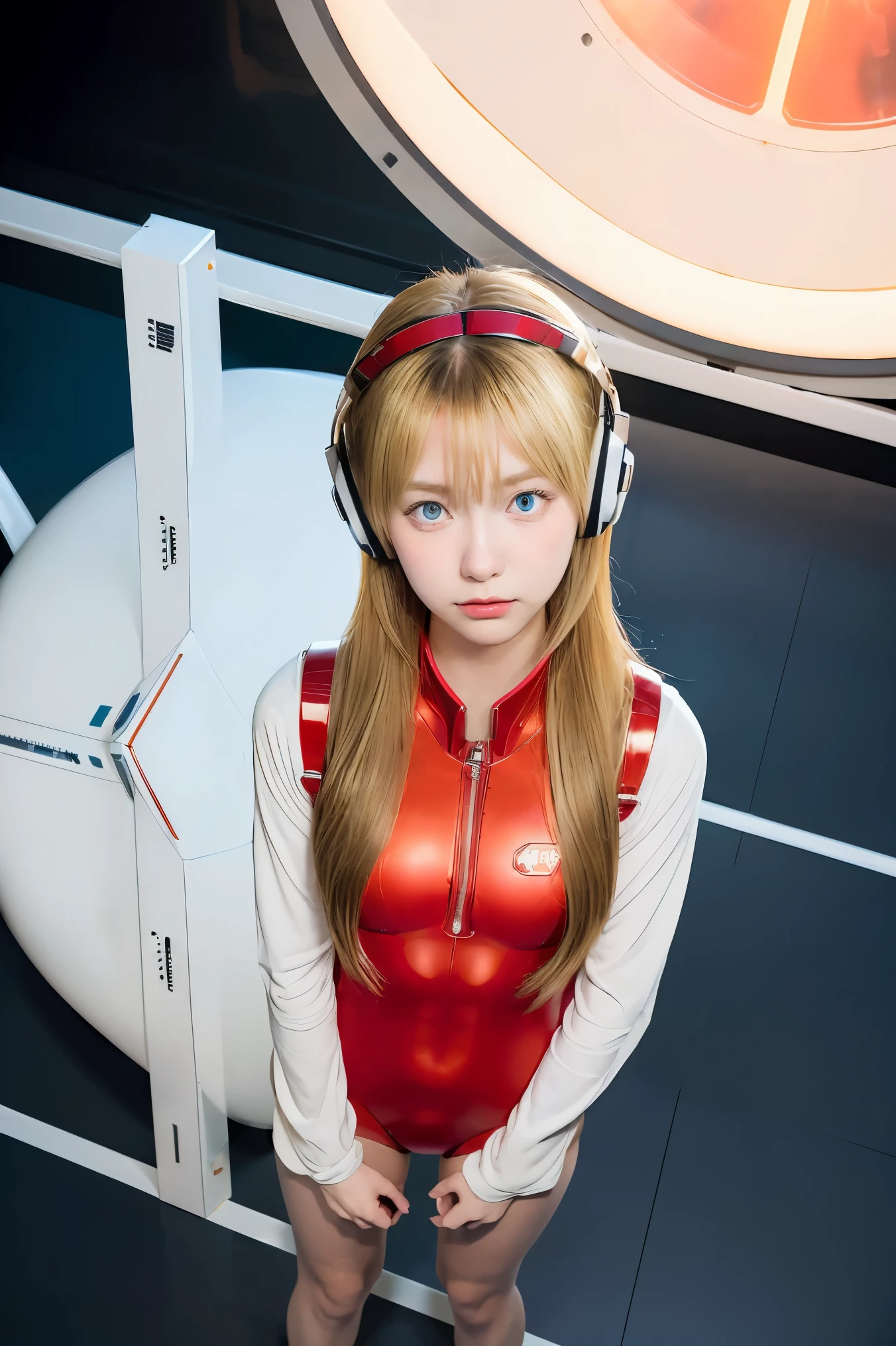 (Overhead view),dynamic angle,ultra-detailed, illustration, close-up, straight on, 1girl, 
 ((souryuu asuka langley, interface headset, red bodysuit:1.4, blonde)),Her eyes shone like dreamy stars,(glowing eyes:1.233),(beautiful and detailed eyes:1.1),(expressionless,closed mouth),(standing), 
(mechanic room with toolsand spaceship windowin a white SPACESHIP),
(night:1.2),dreamy, [[delicate fingers and hands:0.55]::0.85],(detail fingers),