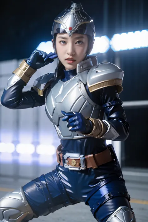 (extremely detailed CG), (best quality), perfect face,  shiny skin, lustrous skin, solo,1girl,BladeRider, blue gloves,rider belt...