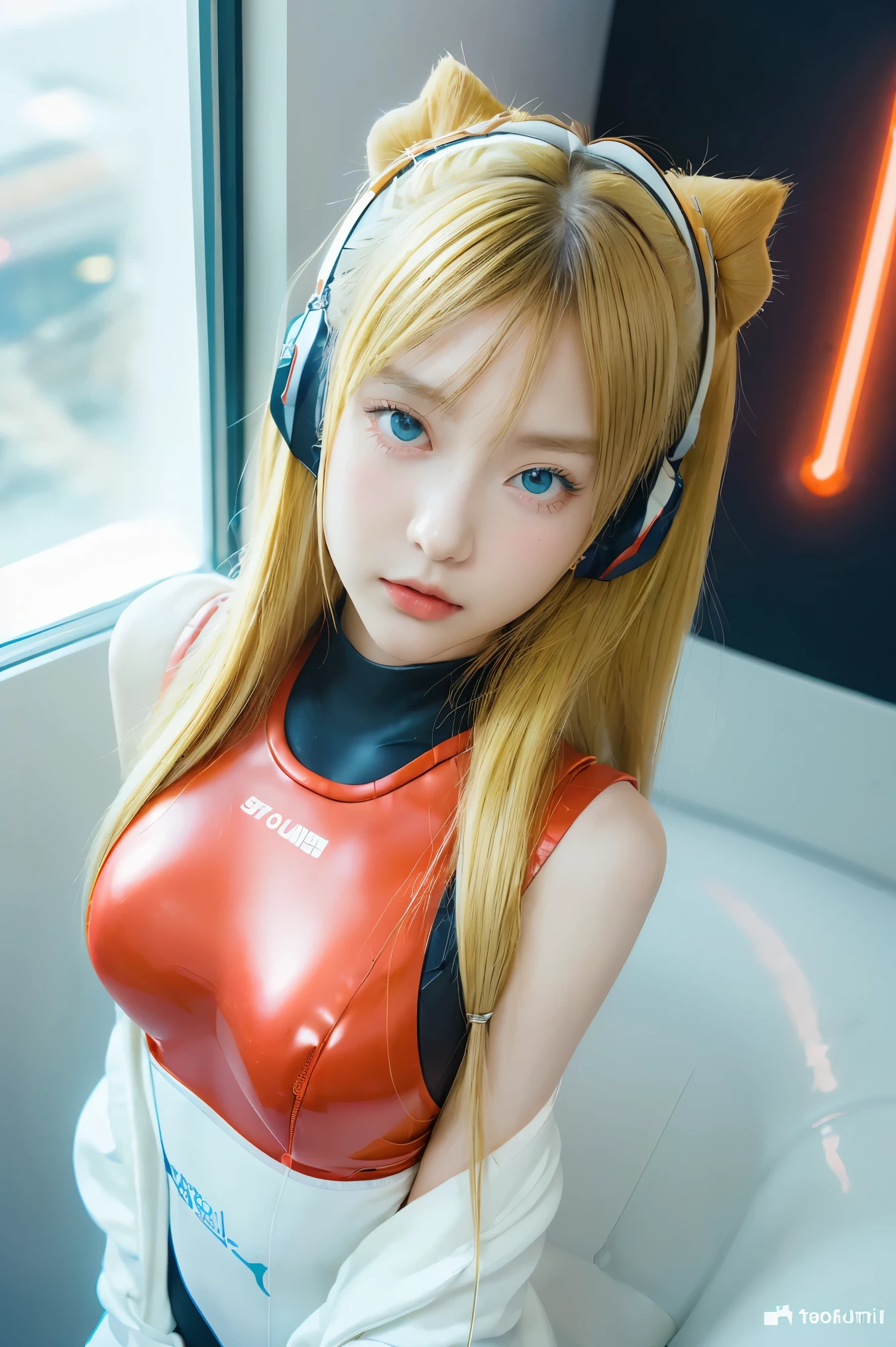 (Overhead view),dynamic angle,ultra-detailed, illustration, close-up, straight on, 1girl, 
 ((souryuu asuka langley, interface headset, red bodysuit:1.4, blonde)),Her eyes shone like dreamy stars,(glowing eyes:1.233),(beautiful and detailed eyes:1.1),(expressionless,closed mouth),(standing), 
(mechanic room with toolsand spaceship windowin a white SPACESHIP),
(night:1.2),dreamy, [[delicate fingers and hands:0.55]::0.85],(detail fingers),