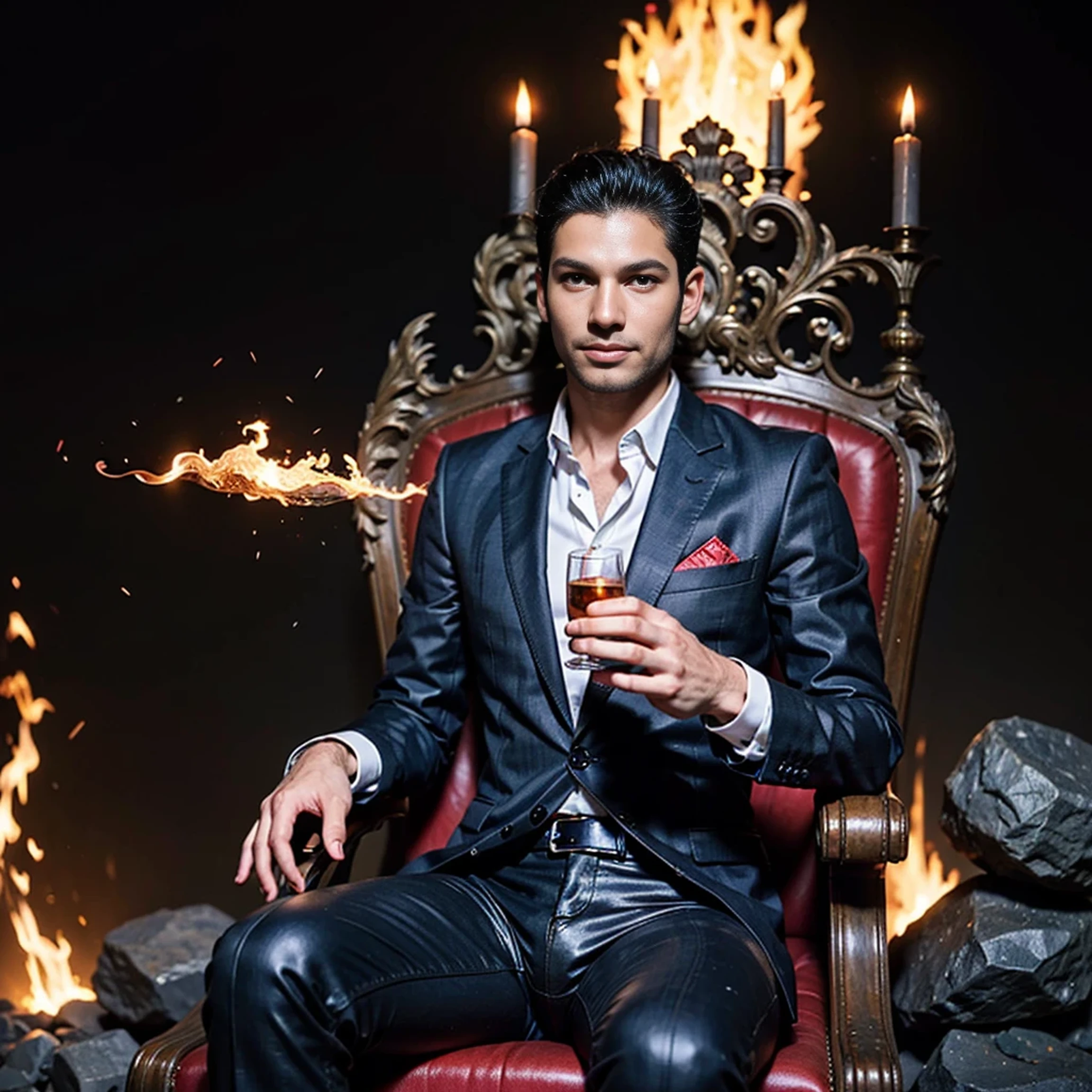 (8k, best quality, masterpiece:), Lucifer Morningstar, one masculine British male angel with dark hair, mischievous smile, flaming wings, devil, fallen angel, flames in background, details, dark suit, club theme, 1:1 ratio, sitting on a throne drinking whiskey, details, realistic