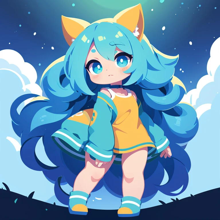 conceptual art, Original character design, Q version of characters., 1 girl, alone, tender approach, Chibi, blue hair, like cowgirl, White background, simple background, hand in pocket, green eyes, whole body
