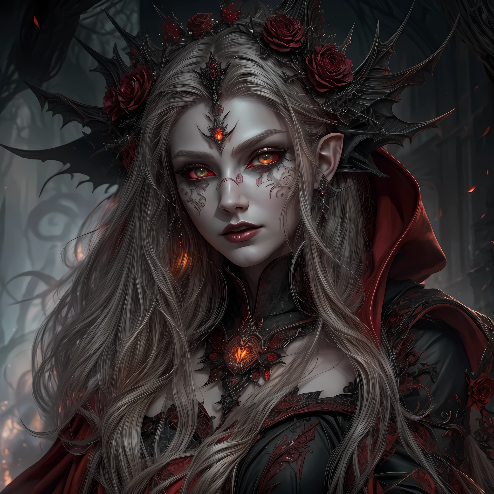 fantasy art, gothic art, (masterpiece:1.5), full body best details, highly detailed, best quality, Glowing Red, highres, full body portrait of a vampire, elf (Masterpiece, best quality: 1.6), ultra feminine, wizard, (intricate details, Masterpiece, best quality: 1.5) with a long curvy hair, light color hair, (red1.3) eyes, (fantasy art, Masterpiece, best quality), ((beautiful delicate face)), Ultra Detailed Face (intricate details, fantasy art, Masterpiece, best quality: 1.5), [[vampiric fangs 1.5]] (red cloak: 1.3) , flowing cloak (intricate details, fantasy art, Masterpiece, best quality: 1.3), wearing an intricate (black: 1.2) dress (intricate details, fantasy art, Masterpiece, best quality: 1.5), high heeled boots, urban background (intense details, beat details), fantasy, at night light, natural ,moon light, clouds, gothic atmosphere, soft light, dynamic light, [[anatomically correct]], high details, best quality, 8k, [ultra detailed], masterpiece, best quality, (extremely detailed), dynamic angle, bldelf, glowing eyes, colored sclera