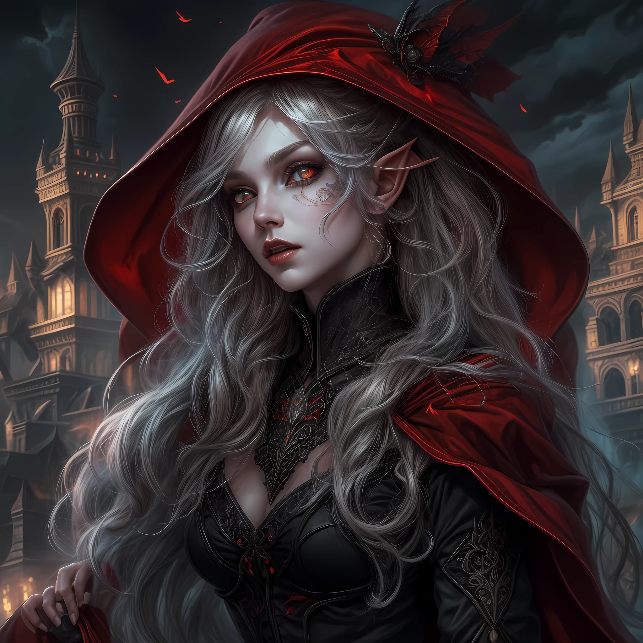 fantasy art, gothic art, (masterpiece:1.5), full body best details, highly detailed, best quality, Glowing Red, highres, full body portrait of a vampire, elf (Masterpiece, best quality: 1.6), ultra feminine, wizard, (intricate details, Masterpiece, best quality: 1.5) with a long curvy hair, light color hair, (red1.3) eyes, (fantasy art, Masterpiece, best quality), ((beautiful delicate face)), Ultra Detailed Face (intricate details, fantasy art, Masterpiece, best quality: 1.5), [[vampiric fangs 1.5]] (red cloak: 1.3) , flowing cloak (intricate details, fantasy art, Masterpiece, best quality: 1.3), wearing an intricate (black: 1.2) dress (intricate details, fantasy art, Masterpiece, best quality: 1.5), high heeled boots, urban background (intense details, beat details), fantasy, at night light, natural ,moon light, clouds, gothic atmosphere, soft light, dynamic light, [[anatomically correct]], high details, best quality, 8k, [ultra detailed], masterpiece, best quality, (extremely detailed), dynamic angle, bldelf, glowing eyes, colored sclera