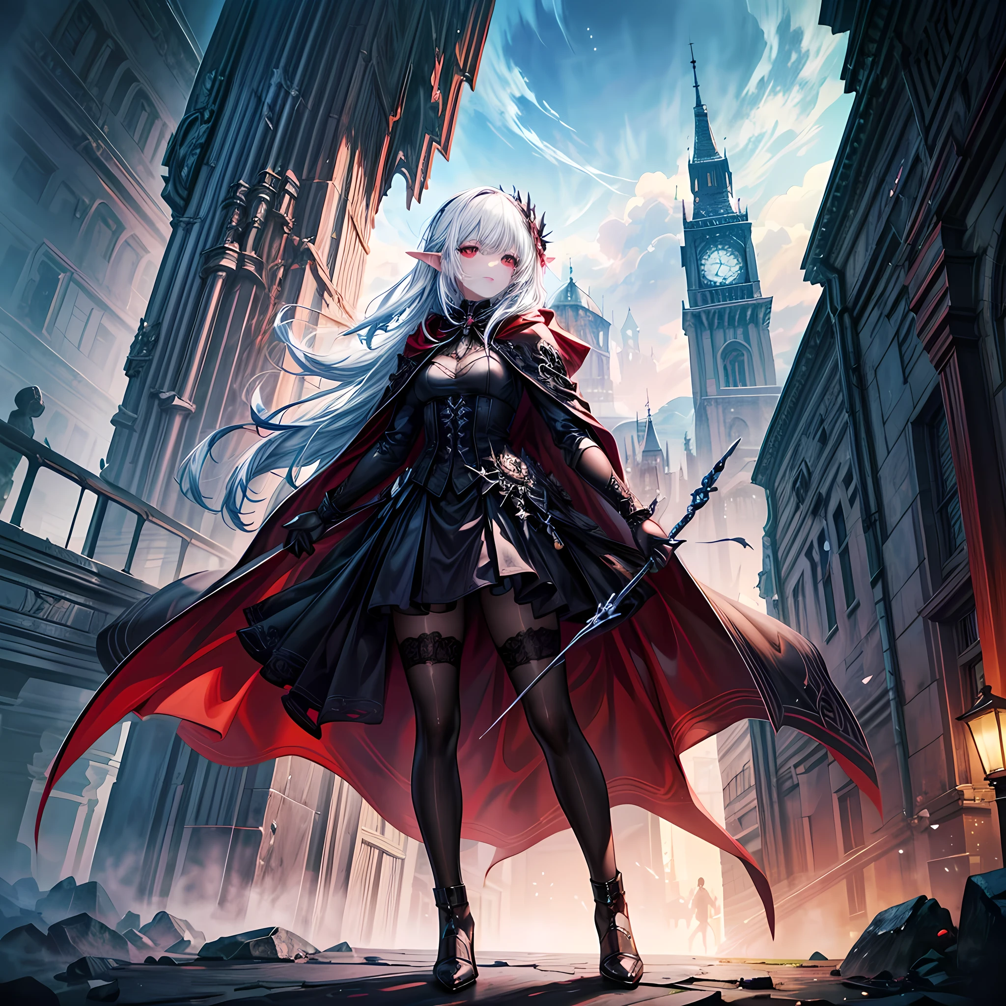 fantasy art, gothic art, (masterpiece:1.5), full body best details, highly detailed, best quality, Glowing Red, highres, full body portrait of a vampire, elf (Masterpiece, best quality: 1.6), ultra feminine, wizard, (intricate details, Masterpiece, best quality: 1.5) with a long curvy hair, light color hair, (red1.3) eyes, (fantasy art, Masterpiece, best quality), ((beautiful delicate face)), Ultra Detailed Face (intricate details, fantasy art, Masterpiece, best quality: 1.5), [[vampiric fangs 1.5]] (red cloak: 1.3) , flowing cloak (intricate details, fantasy art, Masterpiece, best quality: 1.3), wearing an intricate (black: 1.2) dress (intricate details, fantasy art, Masterpiece, best quality: 1.5), high heeled boots, urban background (intense details, beat details), fantasy, at night light, natural ,moon light, clouds, gothic atmosphere, soft light, dynamic light, [[anatomically correct]], high details, best quality, 8k, [ultra detailed], masterpiece, best quality, (extremely detailed), dynamic angle