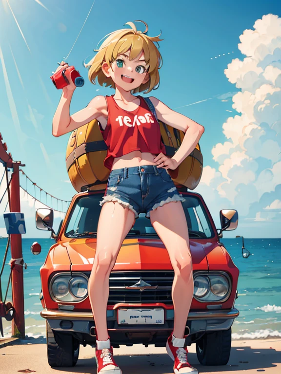 girl, , tomboy, blonde, medium hair, green eyes, mocking smile, gap between teeth, wearing red cap, torn white tank top, absurdly short denim shorts, sneakers of different colors, old denim backpack on the right shoulder, cool pose on a pier with an island loge in the background, western anime, full body, dynamic view, best 8K quality