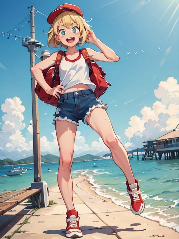 girl, , tomboy, blonde, medium hair, green eyes, mocking smile, gap between teeth, wearing red cap, torn white tank top, absurdly short denim shorts, sneakers of different colors, old denim backpack on the right shoulder, cool pose on a pier with an island loge in the background, western anime, full body, dynamic view, best 8K quality