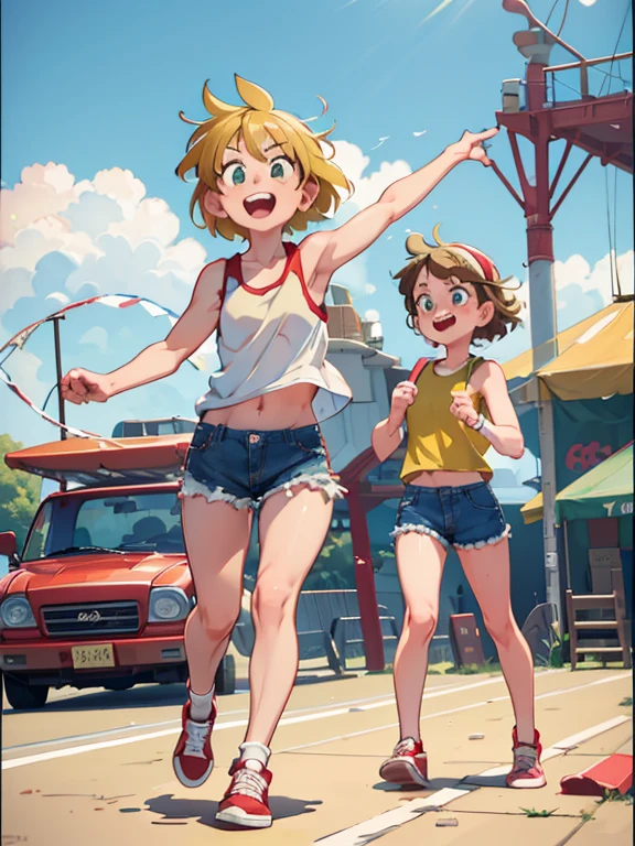 girl, , tomboy, blonde, medium hair, green eyes, mocking smile, gap between teeth, wearing red cap, torn white tank top, absurdly short denim shorts, sneakers of different colors, standing on a pier pointing excitedly to an island in the distance, western anime, full body, back view, dynamic view, best 8K quality