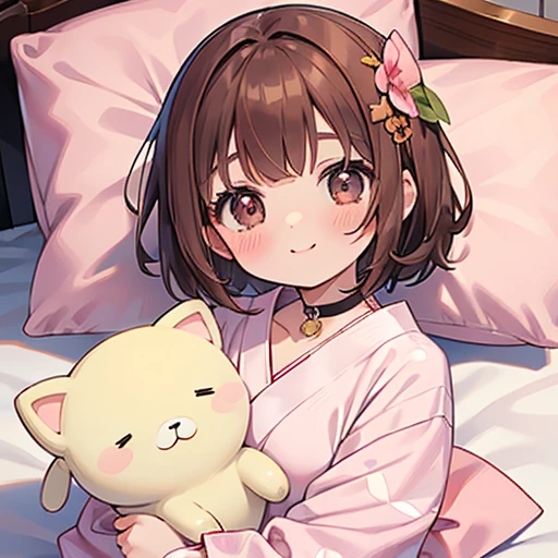 Beautiful slightly large breasts, Brown Hair, Brown eyes, Wave Shorthair, bangs, blush,  bright, smile, Baby Face, first round, choker, Lock, 12 years old, Enchanted, Droopy eyes, cute hair accessories,  bed, Pink Yukata, lie down, pillow, Stuffed Dog, Top view