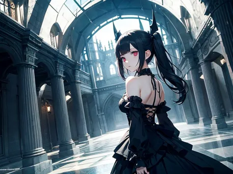 captivating scene featuring a cute anime-style gothic girl with distinctive features, set against the backdrop of hell&#39;s won...