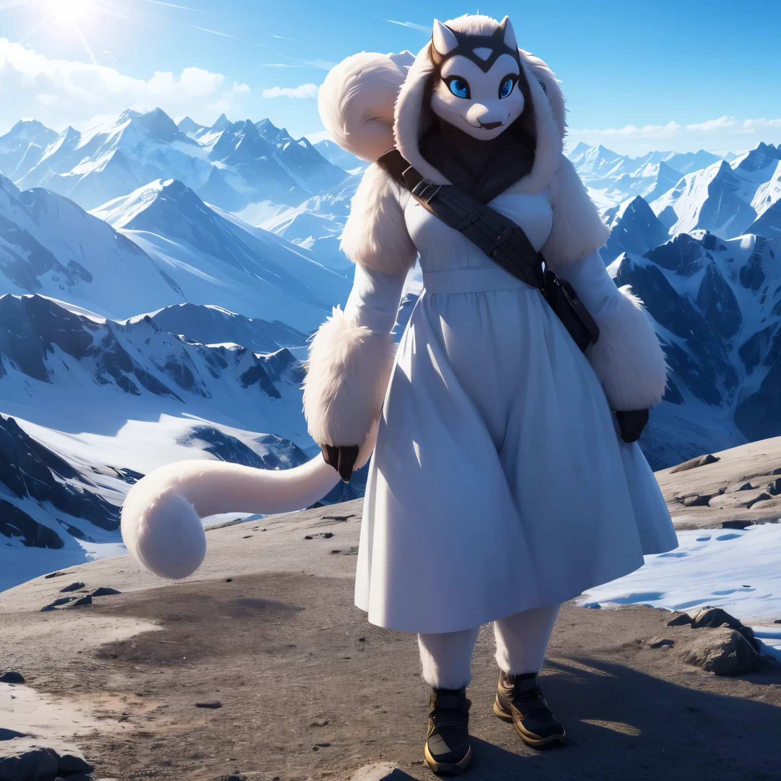 seulement,yéti, femelle, oeil bleu, Sourire mignon, montagne, visage parfait, Haute qualité, lumières du soleil, tout le corps, 4k, Ombres réalistes, hyper détaillé,debout,anthro,Réshiram,robe