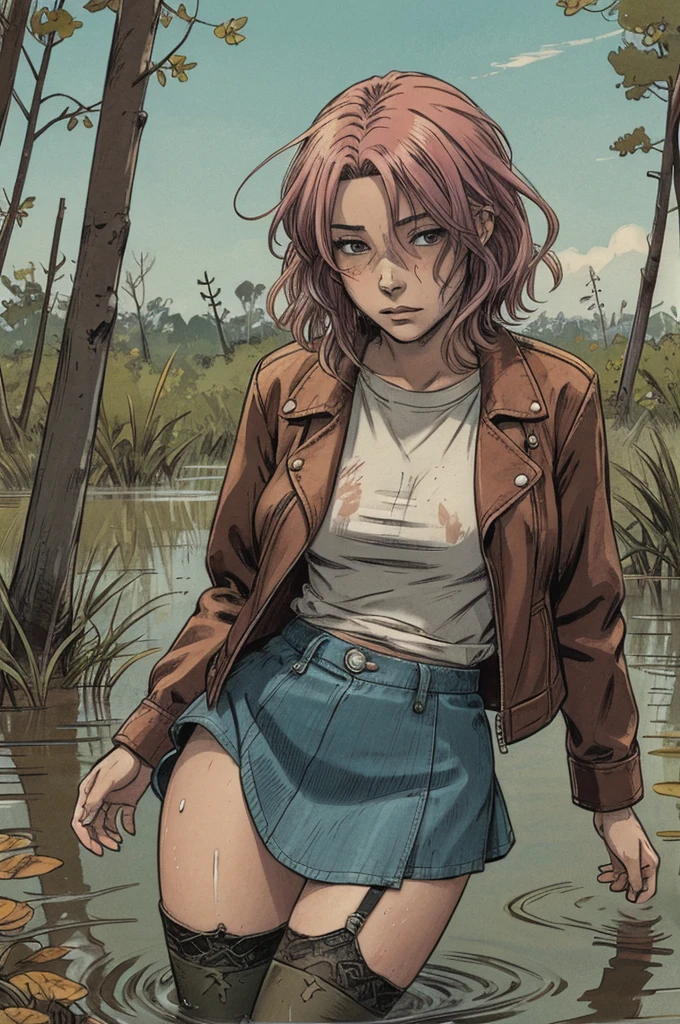 An anime woman with colored hair and t-shirt and leather jacket and denim skirt and stockings with garters drowning in the middle of swamp, fetishistic, depraved, caught, sinking, sweat, blushed, fuck herself