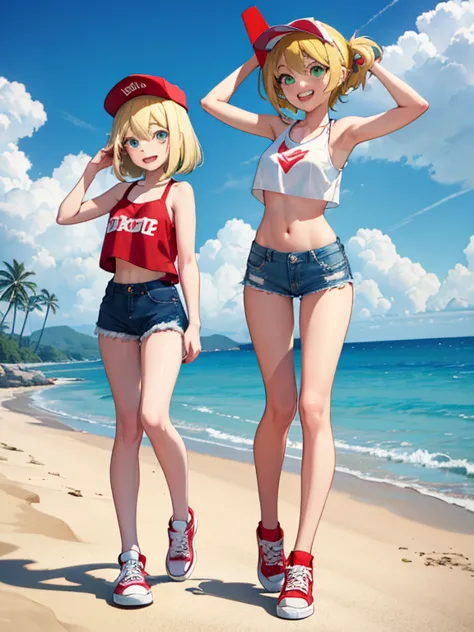 two girls, pre-teens, tomboys, blondes, medium hair, green eyes, mischievous smile, gap between teeth, red cap, bare chest, absu...