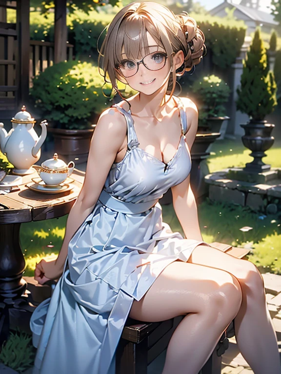 (best quality, masterpiece), (ultra high resolution, 8K RAW photo, photo realistics:1.5, textile shading, thin outline, clear focus:1.2), Beautuful Matured woman preparing tea-time in the garden, standing by the round table, (tea set, tea pot, tea cups, some Strawberrycakes on dish), classy art deco style table, wearing light_brown maid uniform, breast cleavage:1.2, maid costume:1.2, long flare skirts, apron, bow ties on thechest, long tall sally, long legs, long silver white hair, (wearing thin-flame glasses:1.2), (milf:1.5, 28 years old, solo), (medium breast, sagging breast, big tits, narrow waist), (medium short white hair, hair over one eye, (updo hair:1.2), side lock, asymmetric hair, wavy hair), (bright pupils, detailed eyes, high detailed face, Perfect face shape, eye rush), (seductitve smiling, half-closing eyes), (looking at viewers:1.3), (dynamic angle, full body, from above:0.9), ((correct anatomy:1.5, correct hands)), (ideal ratio of body proportions), (outdoor:1.2, grass field),
