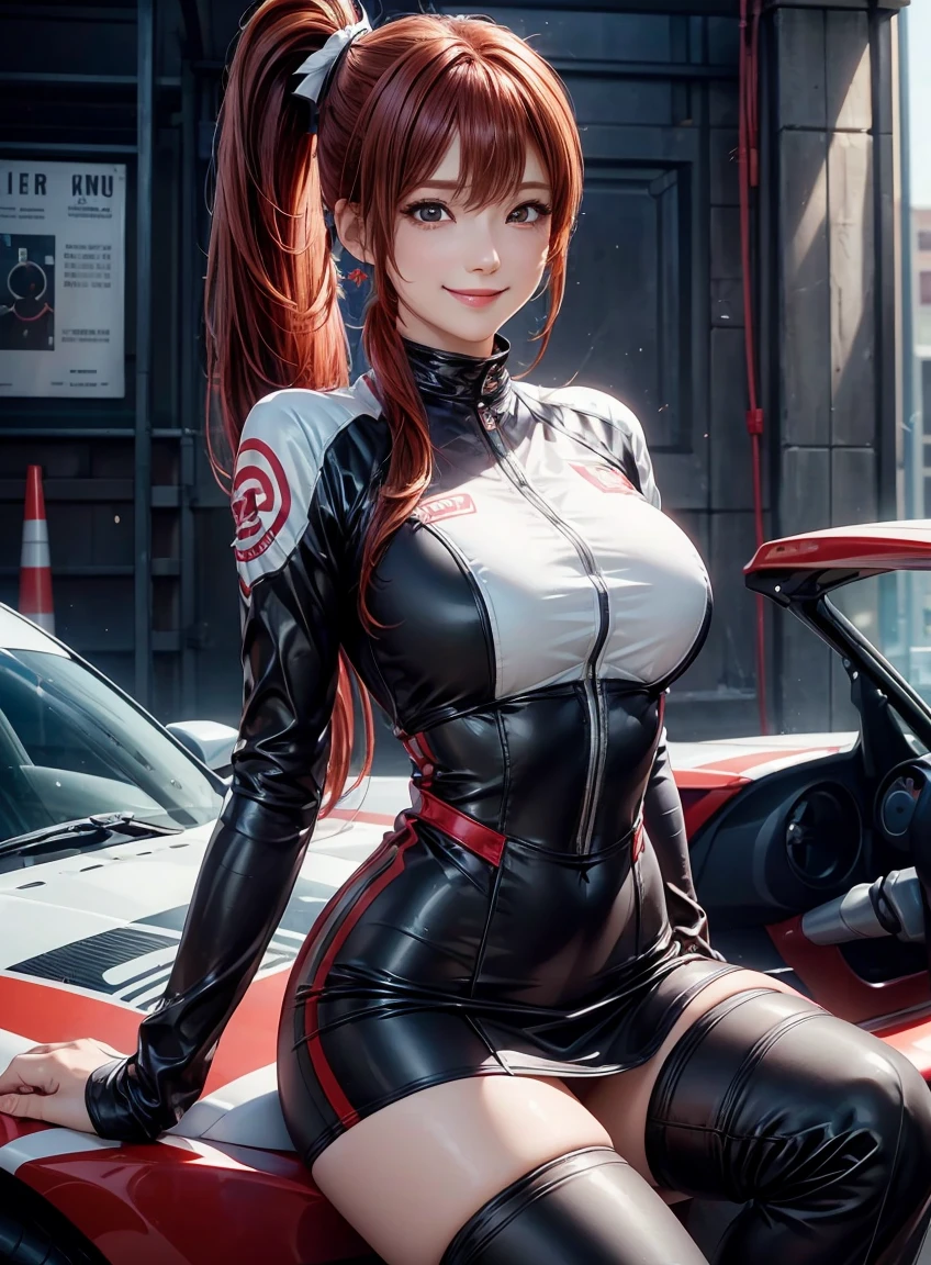 (highest quality:1.3), Highly detailed CG Unity 8k wallpaper, 32K, Realistic, Ultra-high resolution RAW photos, Beautiful and clear face, White skin, Real Skin, Finely textured fabric, Detailed hair texture, Perfect body, Beautiful Features, Accurate fingering, Anatomically correct, Highly detailed face and skin texture, One Girl, cute, Redhead、((Side Ponytail、Hanging eyes:1.2))、shiny smooth hair, Thick bangs、(A teasing smile:1.2), Race Queen costume with logo、Bodysuits、Pencil Skirt、Knee-high boots、stockings、Circuit、Racing Car、