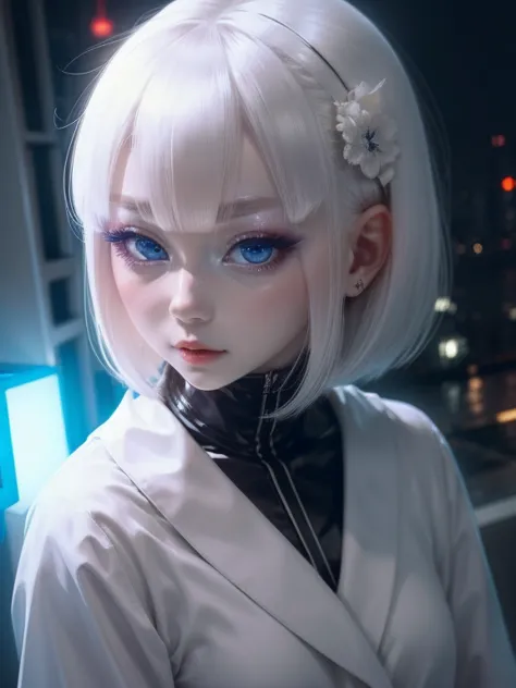 people，一peopleの女、，White Hair、White clothes，blue eyes、Night view，The eyes are seductive， --automatic