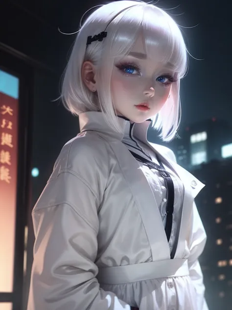 people，一peopleの女、，White Hair、White clothes，blue eyes、Night view，The eyes are seductive， --automatic