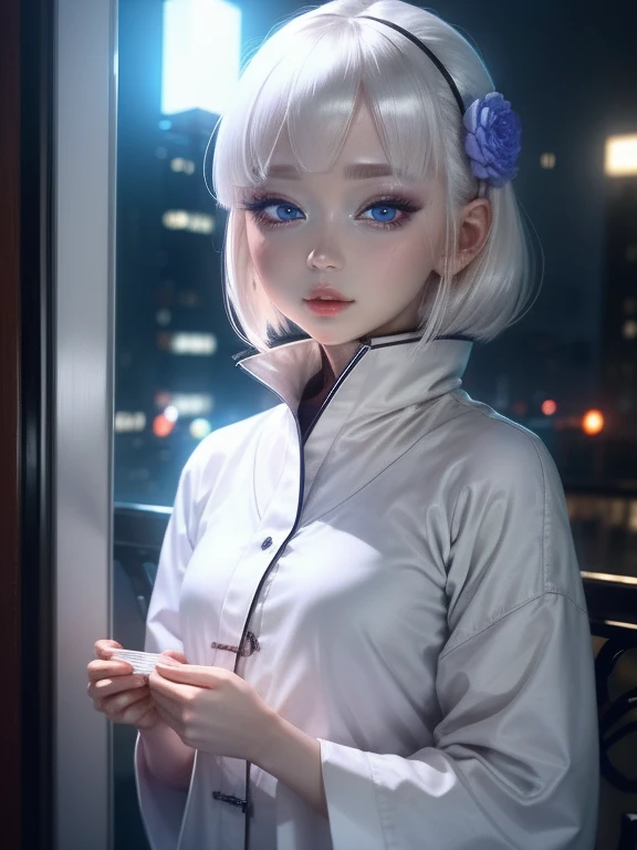 people，一peopleの女、，White Hair、White clothes，blue eyes、Night view，The eyes are seductive， --automatic