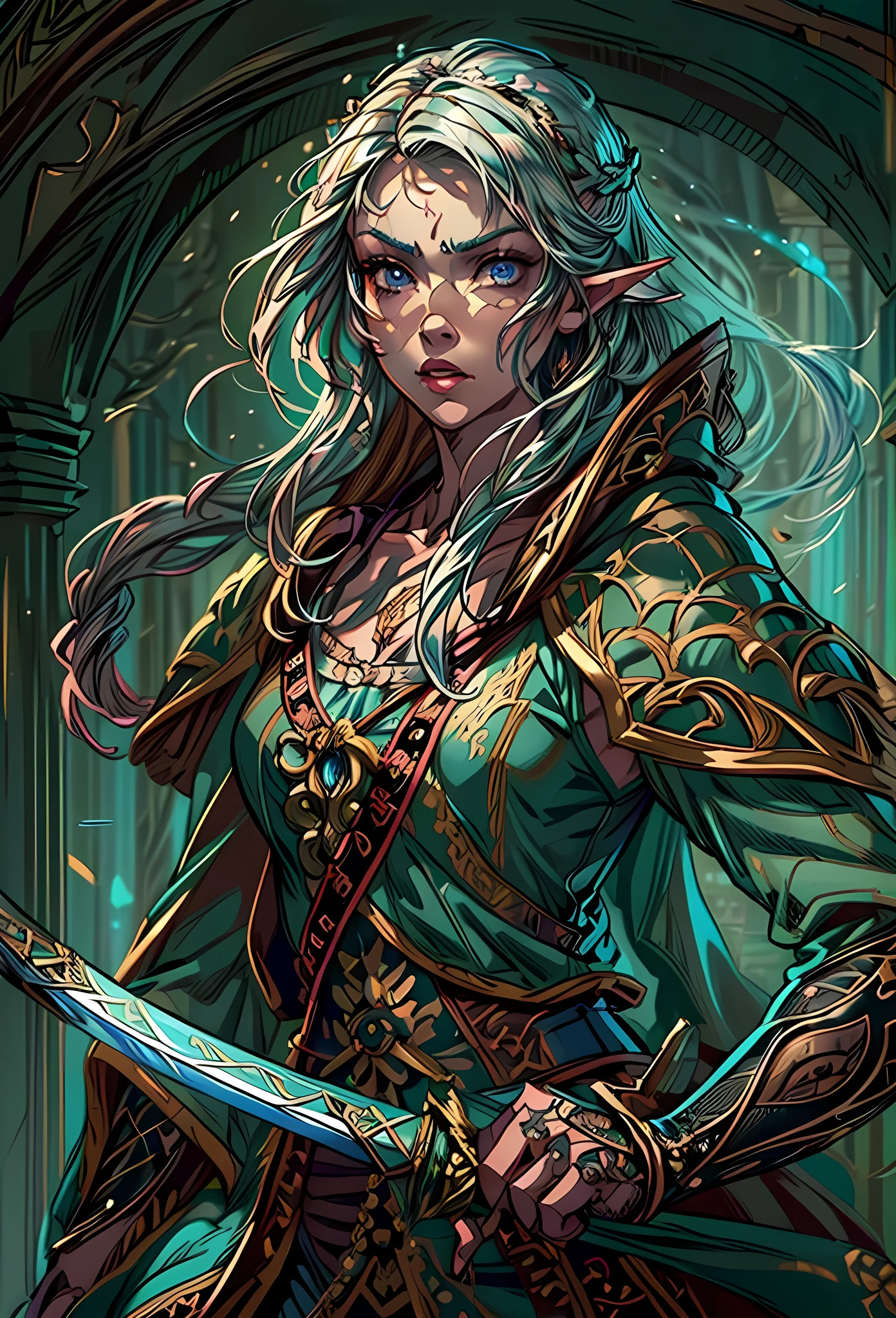 speedpainting a picture of a female elf (intense details, Masterpiece, best quality: 1.5) fantasy swashbuckler, fantasy fencer, armed with a slim sword, shinning sword, metallic shine, colorful clothes, dynamic clothing, an ultra wide shot, full body (intense details, Masterpiece, best quality: 1.5)epic beautiful female elf (intense details, Masterpiece, best quality: 1.5), rich hair, braided hair, small pointed ears, Sword and shield, GLOWING SWORD [colorful magical sigils in the air],[ colorful arcane markings floating] (intricate details, Masterpiece, best quality: 1.6), holding a [sword] (intricate details, Masterpiece, best quality: 1.6) holding a [sword glowing in red light] fantasy urban street (intense details, Masterpiece, best quality: 1.5),  purple cloak, long cloak (intense details, Masterpiece, best quality: 1.5), sense of daring, sense of adventure,  high details, best quality, 8k, [ultra detailed], masterpiece, best quality, (extremely detailed), dynamic angle, ultra wide shot, photorealistic, RAW, fantasy art, dnd art, fantasy art, realistic art, fantasysword sword, 