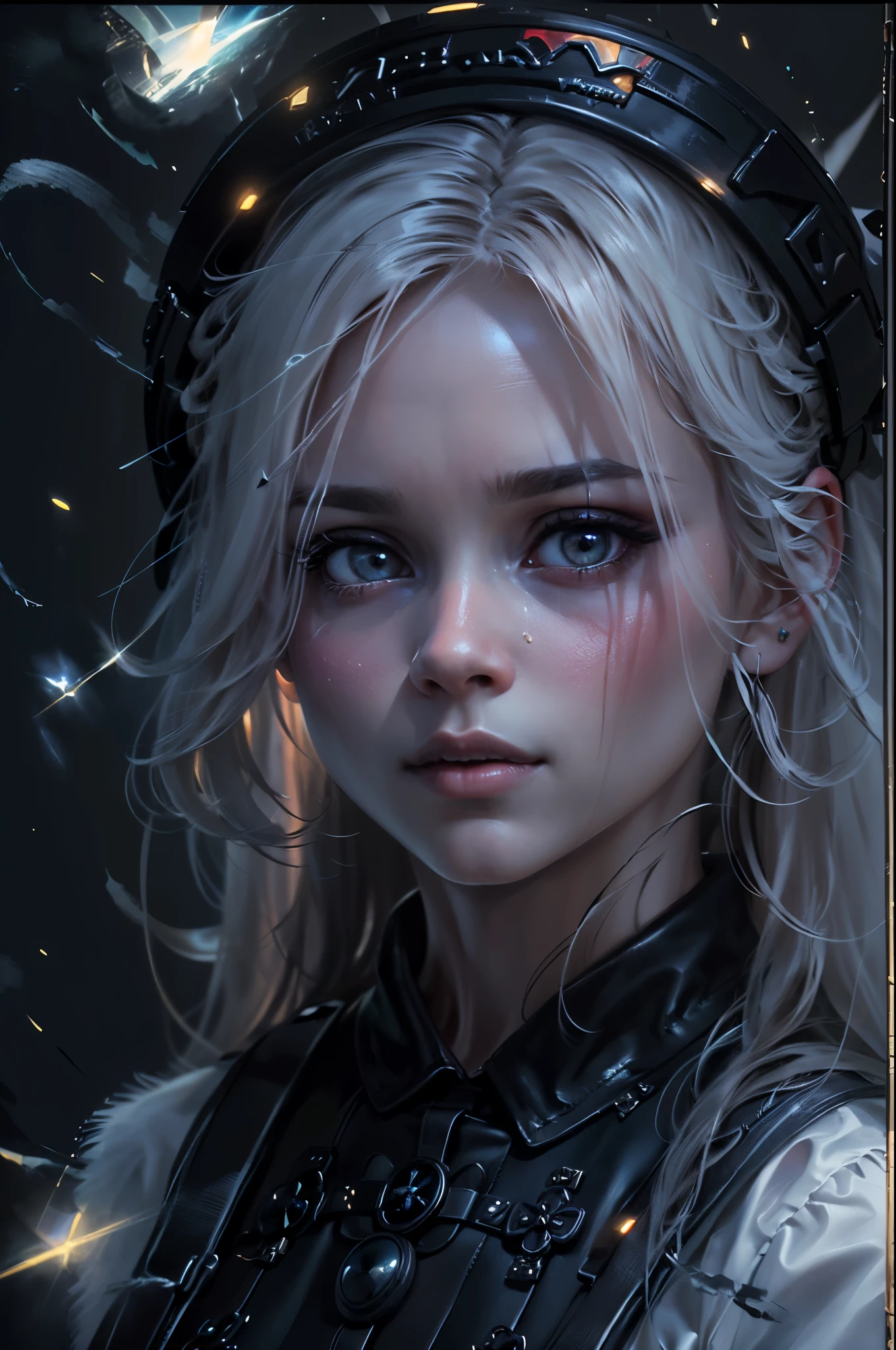 ((space, Distant stars), (Fantastic image, very beautiful - space girl), (1 girl; 1.3), (Face. figure))). ((Graceful forms. Graceful girl). (high quality), (stylization - animation, realism). (Dark cool colors mixed with warm shades). (angel girl), (photorealistic, Cinematic picture), (high detail, complete black hole, 8K. dynamic expressive image)). ((Very detailed eyes and face))), Beautiful detailed eyes. masterpiece, Best quality, full length portrait, amazing beauty, dynamic pose, нежное Face, and bright eyes)). ((She wears transparent, semi-sheer dress, emphasizing a slim figure). (She&#39;s an angel, descended into the underworld. She&#39;s a savior, light in the dark kingdom, radiating a soft glow. High detail, Other worlds, light of distant stars), (detail, high quality), (Muffled light, dark environments - the spooky cinematic setting is great)). ((Girl with white skin, realistic detailed skin, clear focus, volumetric mist near the floor, 8K, UHD, SLR camera, high quality, granularity. photorealism, lomography, fantastic dark art, Utopian reality)). ((готическое Face, gothic horror atmosphere, зловещая gothic aesthetics), (gothic art style, creepy gothic portrait, dark fantasy, mixed with realism, gothic aesthetics)).((Realistic black leather)).