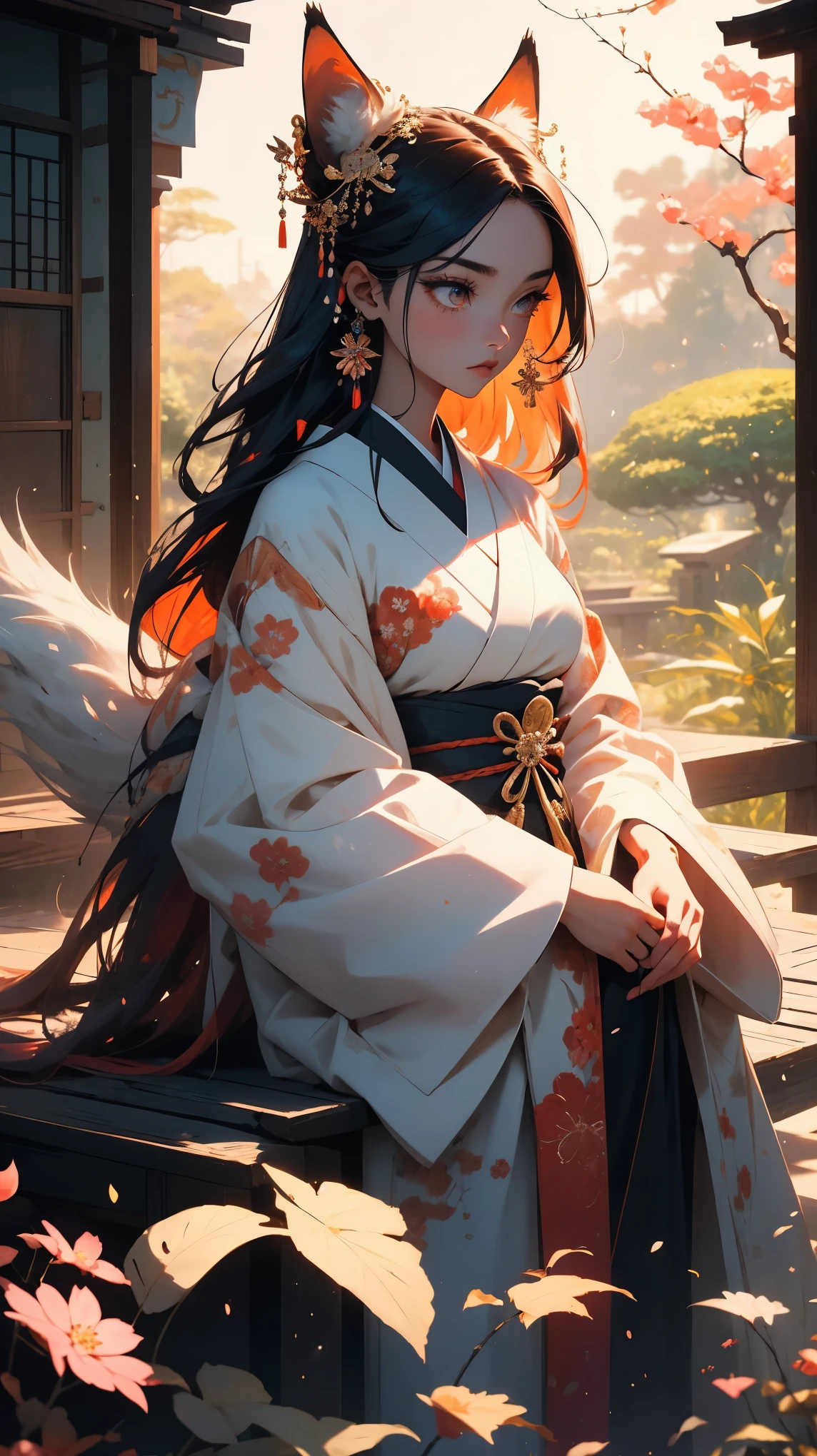 A girl with a beautiful face, expressive eyes, and full lips, representing the mythical creature known as the nine-tailed fox in Japanese culture. Her eyes are detailed and captivating. She has long, flowing hair with vibrant colors, resembling the fur of a fox. The girl is dressed in a traditional kimono, intricately designed with patterns and motifs inspired by nature. The medium used to depict this artwork is a mixture of traditional Japanese ink painting and digital illustration. The combination creates a unique blend of traditional and modern elements, enhancing the mystique and allure of the nine-tailed fox. In the background, there is a serene garden with cherry blossom trees, symbolizing beauty and transience. The garden is filled with vibrant colors, ranging from soft pastels to vivid hues, creating a dreamlike atmosphere. The sunlight filters through the trees, casting a gentle glow upon the girl and her surroundings. The image quality should be of the highest standard, with extreme attention to detail and clarity. It should exhibit photorealistic qualities, almost resembling a photograph. The colors should be vivid and vibrant, evoking a sense of wonder and enchantment. This artwork is characterized by its incorporation of an anime-style, capturing the essence of Japanese culture and aesthetics. The artist aims to convey the grace, elegance, and mysterious allure associated with the nine-tailed fox in Japanese folklore. The overall color tone should be warm and inviting, with a slight emphasis on earthy tones and shades of red and orange, reminiscent of autumn. The lighting should be carefully considered, with soft and diffused light illuminating the main character, creating a sense of depth and dimension. In summary, the Stable Diffusion prompt for this artwork should include the following tags: female character, nine-tailed fox, beautiful detailed eyes, beautiful detailed lips, long flowing hair, vibrant colors, traditional kimono, ink painting,