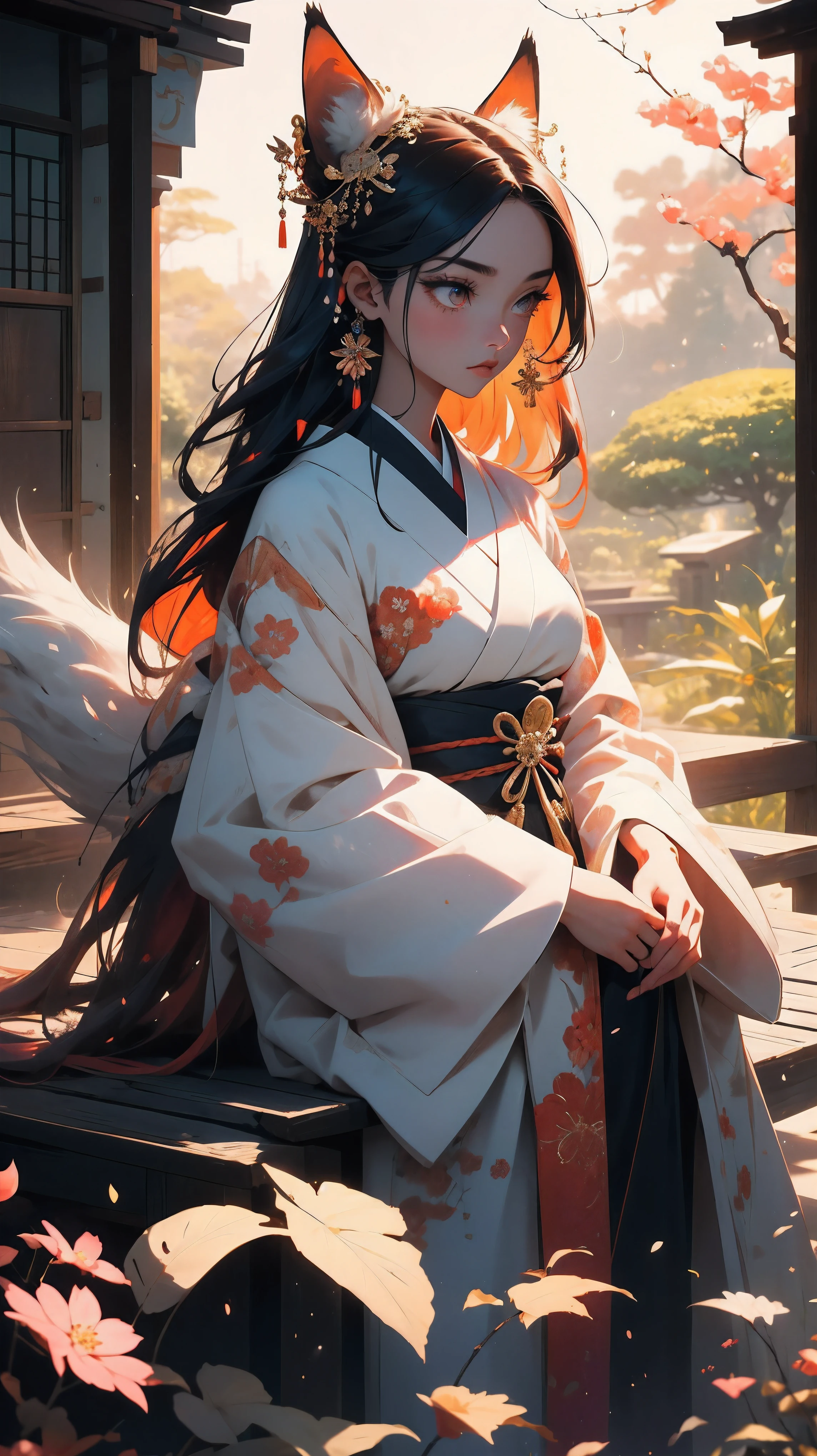 A girl with a beautiful face, expressive eyes, and full lips, representing the mythical creature known as the nine-tailed fox in Japanese culture. Her eyes are detailed and captivating. She has long, flowing hair with vibrant colors, resembling the fur of a fox. The girl is dressed in a traditional kimono, intricately designed with patterns and motifs inspired by nature. The medium used to depict this artwork is a mixture of traditional Japanese ink painting and digital illustration. The combination creates a unique blend of traditional and modern elements, enhancing the mystique and allure of the nine-tailed fox. In the background, there is a serene garden with cherry blossom trees, symbolizing beauty and transience. The garden is filled with vibrant colors, ranging from soft pastels to vivid hues, creating a dreamlike atmosphere. The sunlight filters through the trees, casting a gentle glow upon the girl and her surroundings. The image quality should be of the highest standard, with extreme attention to detail and clarity. It should exhibit photorealistic qualities, almost resembling a photograph. The colors should be vivid and vibrant, evoking a sense of wonder and enchantment. This artwork is characterized by its incorporation of an anime-style, capturing the essence of Japanese culture and aesthetics. The artist aims to convey the grace, elegance, and mysterious allure associated with the nine-tailed fox in Japanese folklore. The overall color tone should be warm and inviting, with a slight emphasis on earthy tones and shades of red and orange, reminiscent of autumn. The lighting should be carefully considered, with soft and diffused light illuminating the main character, creating a sense of depth and dimension. In summary, the Stable Diffusion prompt for this artwork should include the following tags: female character, nine-tailed fox, beautiful detailed eyes, beautiful detailed lips, long flowing hair, vibrant colors, traditional kimono, ink painting,